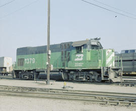 Burlington Northern diesel locomotive 1379 at Oklahoma City, Oklahoma in 1982.