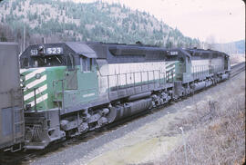 Burlington Northern Diesel Locomotives 525, 524, 523 at Laclede, Idaho, 1970