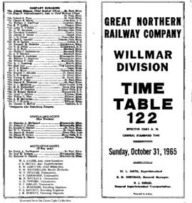 Great Northern Railway (GN) Willmar Division Employee Timetable Number 122, October 31, 1965