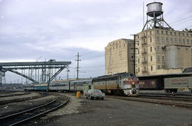 Burlington Northern Railroad Company diesel locomotive 9954 at Portland, Oregon in 1970.