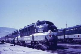 Northern Pacific F-7 diesel locomotive 6509C and the other three units at Livingston, Montana, in...