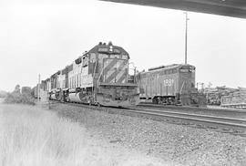 Burlington Northern diesel locomotive 2100 at Kalama, Washington in 1976.