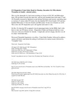 Great Northern Cascade Division Dispatcher's Train Order Log Book, December 10, 1956