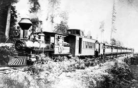 Seattle and Walla Walla Railroad passenger train at Seattle, Washington, circa 1878.