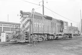 Burlington Northern diesel locomotive 1766 at Wenatchee, Washington in 1976.