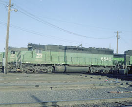 Burlington Northern diesel locomotive 6545 at Pasco, Washington in 1980.