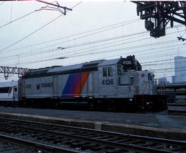 New Jersey Transit Lines diesel locomotive 4136 at Hoboken, New Jersey in April 1988.