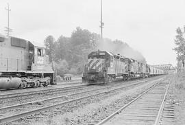 Burlington Northern diesel locomotive 2517 at Reservation, Washington in 1973.