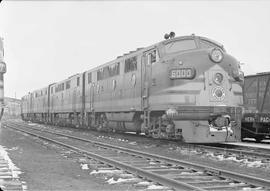 Northern Pacific diesel locomotive number 6000 at Mandan, North Dakota, in 1950.