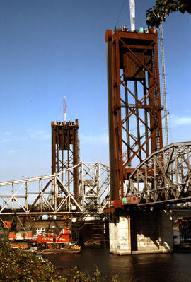 Burlington Northern Railroad Company bridge replacement at Portland, Oregon in 1989.