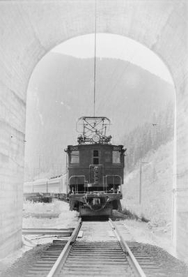 Great Northern Railway electric locomotive number 5010 at Stevens Pass, Washington, undated.