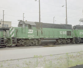 Burlington Northern diesel locomotive 1386 at Tulsa, Oklahoma in 1982.