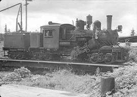 Mutual Lumber Company Steam Locomotive at Bucoda, Washington in August, 1948.