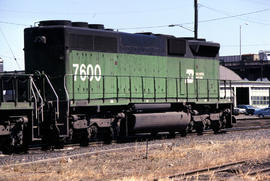 Burlington Northern Railroad Company diesel locomotive 7600 at Portland, Oregon in 1985.