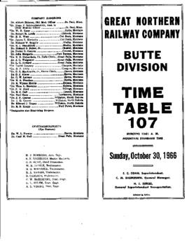 Great Northern Railway (GN) Butte Division Employee Timetable Number 107, October 30, 1966