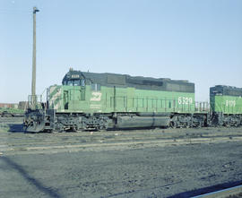 Burlington Northern diesel locomotive 6329 at Pasco, Washington in 1980.