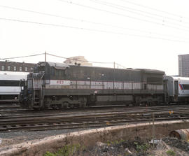 New Jersey Transit Lines diesel locomotive 4153 at Hoboken, New Jersey in April 1988.