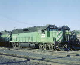 Burlington Northern diesel locomotive 2091 at Pasco, Washington in 1980.