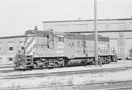 Burlington Northern diesel locomotive 1923 at Auburn, Washington in 1975.