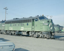 Burlington Northern diesel locomotive 738 at Auburn, Washington in 1979.