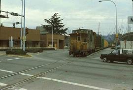 Burlington Northern Railroad freight train at Renton, Washington, circa 1995.