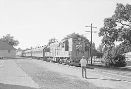 Southern Pacific Railroad diesel locomotive number 3022 at Menlo Park, California in 1973.