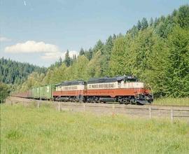 St. Maries River Railroad Diesel Locomotives Number 102 and 101 at Mashburn, Idaho in August 1982.