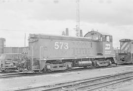 Burlington Northern diesel locomotive 573 at Dayton's Bluff, Minnesota in 1973.