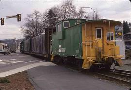 Burlington Northern Railroad freight train at Renton, Washington, circa 1995.
