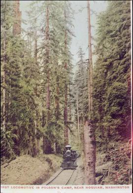 Northern Pacific steam locomotive 1 at Polson Camp, Washington, circa 1915.