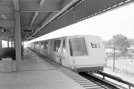 Bay Area Rapid Transit light rail car 197 at a station stop at an elevated station in Fremont, Ca...