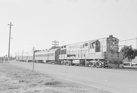 Southern Pacific Railroad diesel locomotive number 3020 at Redwood City, California in 1973.