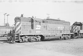 Burlington Northern diesel locomotive 1637 at Auburn, Washington in 1975.