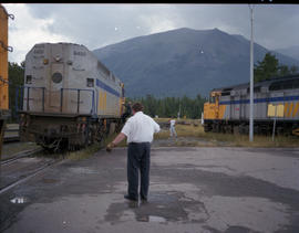 VIA Rail Canada diesel locomotive 6450 at Jasper, Alberta in August 1990.