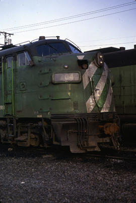 Burlington Northern Railroad Company diesel locomotive 704 at Portland, Oregon in 1979.