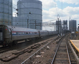 Amtrak passenger train near Newark, New Jersey in April 1988.