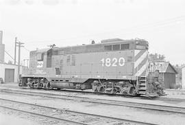 Burlington Northern diesel locomotive 1820 at Glasgow, Montana in 1972.