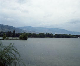 Burlington Northern Railroad - lake at Osoovos Lake, Washington, circa 1985.