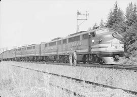 Northern Pacific diesel locomotive number 6003 at Kanaskat, Washington, in 1944.