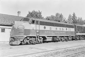 Burlington Northern diesel locomotive 608 at Sandpoint, Idaho in 1971.