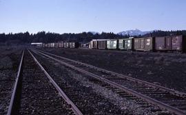 Burlington Northern main and yard tracks at Cle Elum, Washington, in 1987.