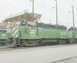 Burlington Northern diesel locomotive 2575 at Tulsa, Oklahoma in 1982.