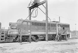 Burlington Northern diesel locomotive 748 at Auburn, Washington in 1971.