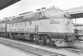 Burlington Northern diesel locomotive 9750 at Portland, Oregon, circa 1970.