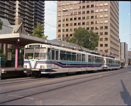 Calgary Transit light rail car 2043 at Calgary, Alberta in August 1990.