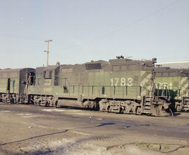 Burlington Northern diesel locomotive 1783 at Auburn, Washington in 1979.