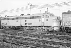 Burlington Northern diesel locomotive 9950 at Chicago, Illinois in 1972.