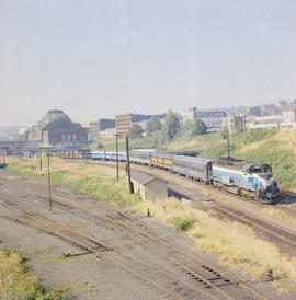 Burlington Northern passenger train number 199 at Tacoma, Washington in 1970.