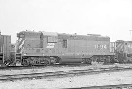 Burlington Northern diesel locomotive 1594 at Clyde, Illinois in 1972.