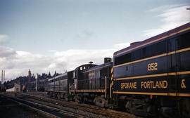 Spokane, Portland and Seattle Railway diesel locomotive 852 at Vancouver, Washington in 1961.